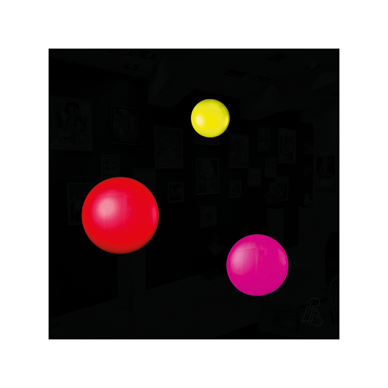 Préfiguration 3D de l’œuvre Les taches de naissance de Joris-Karl Huysmans, composée de trois macules en relief rouge, jaune et magenta sur un fond noir brillant.