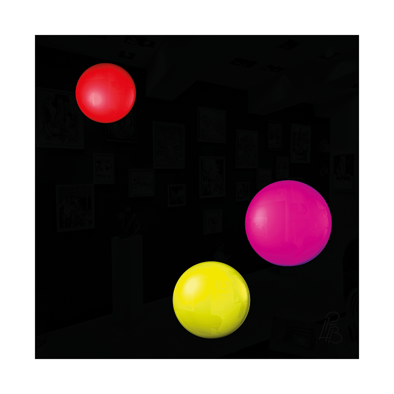 Préfiguration 3D de l’œuvre Les taches de naissance d’Octave Feuillet, composée de trois macules en relief rouge, magenta et jaune sur un fond noir brillant.