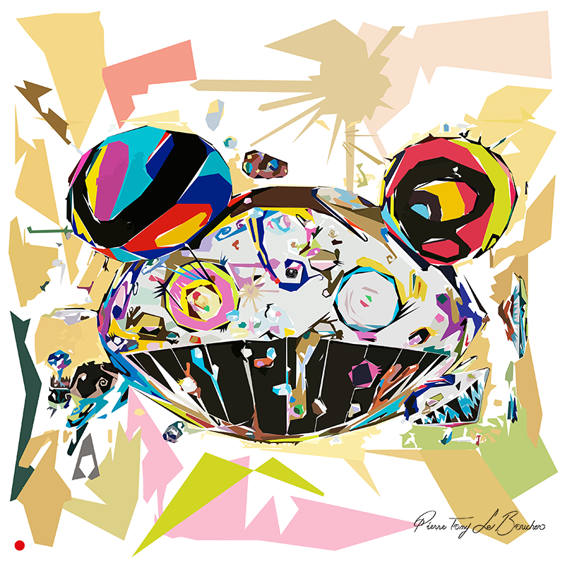 Réinterprétation de Tan Tan Bo de Takashi Murakami de 2001, créature multicolore au large visage et à la bouche dentée reconstruite en droites, pointes et plans géométriques, œuvre de Pierre Tomy Le Boucher.
