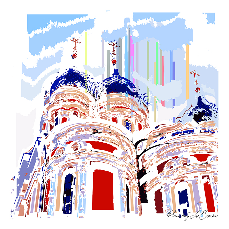 Cathédrale Alexandre-Nevski de Tallinn transformée en composition graphique bleue, rouge, blanche et pastel, œuvre de la série Architexture.