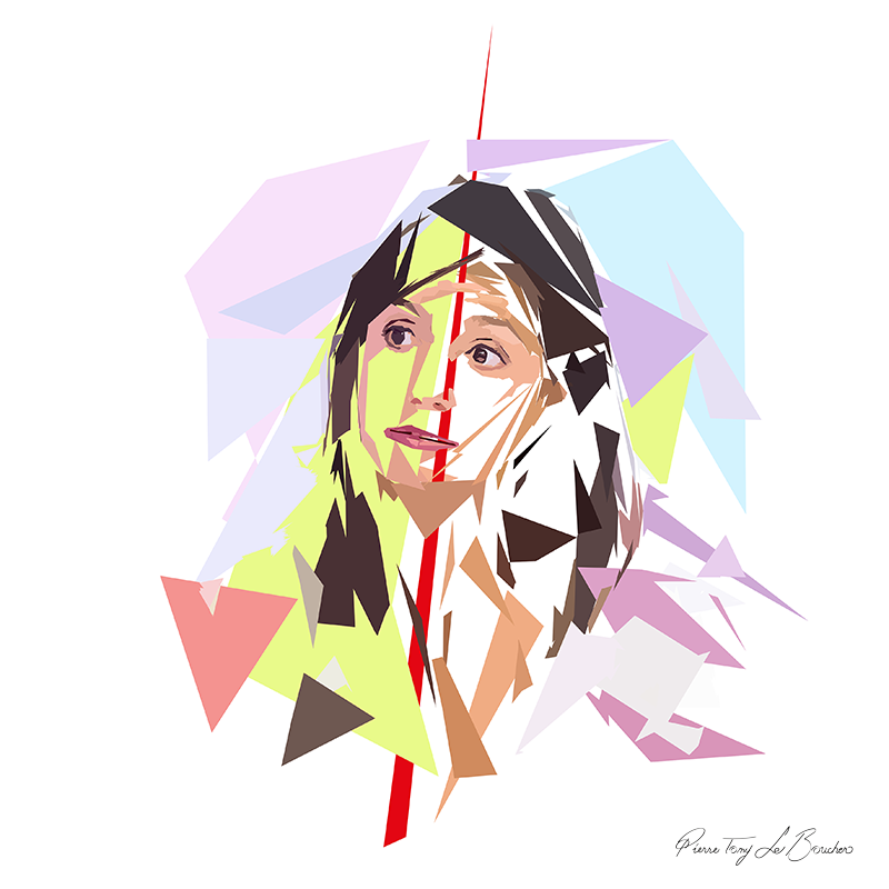 Portrait de Tania Young construit en facettes colorées sur fond blanc, entouré de formes géométriques vert clair, roses, mauves, bleu clair et brunes.