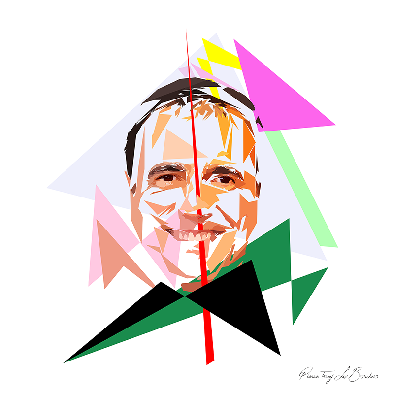 Portrait de Thierry Beccaro construit en facettes colorées sur fond blanc, entouré de formes géométriques jaunes, roses, vertes, noires et bleu pâle.