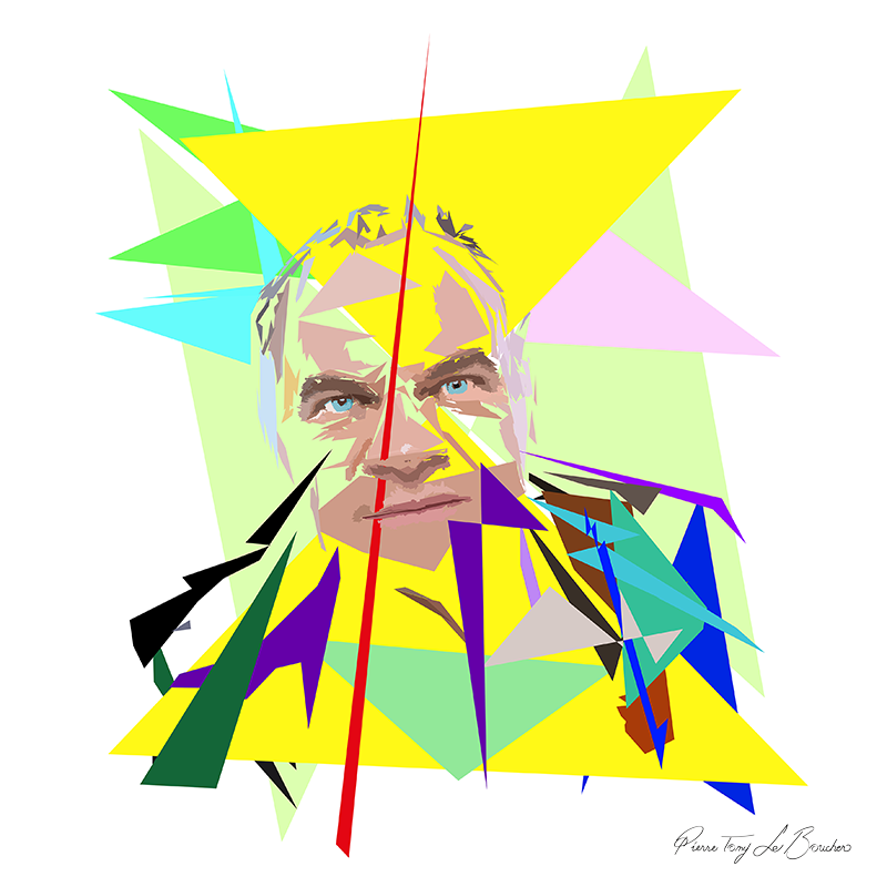 Portrait de Thomas Hervé construit en facettes colorées sur fond blanc, entouré de formes géométriques jaunes, vertes, turquoise, violettes, bleues et noires.