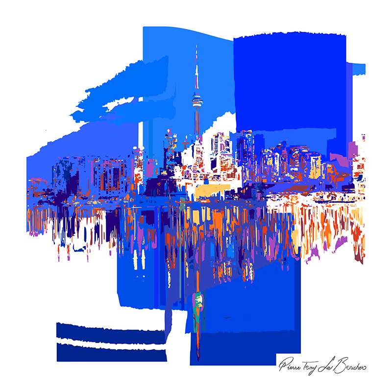 Silhouette urbaine de Toronto avec la tour CN transformée en composition graphique bleue, rouge, orangée et blanche, œuvre de la série Architexture.