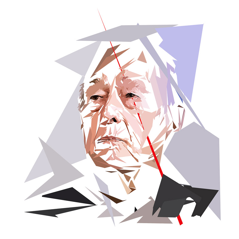 Œuvre numérique intitulée Valéry Giscard d’Estaing composée de formes polygonales, d’aplats gris, mauves, noirs, beige et blancs, traversée par plusieurs lignes rouges.