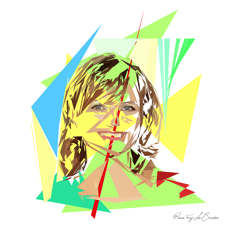 Portrait de Valérie Maurice construit en facettes colorées sur fond blanc, entouré de formes géométriques jaunes, vertes, turquoise, bleues et rouges.