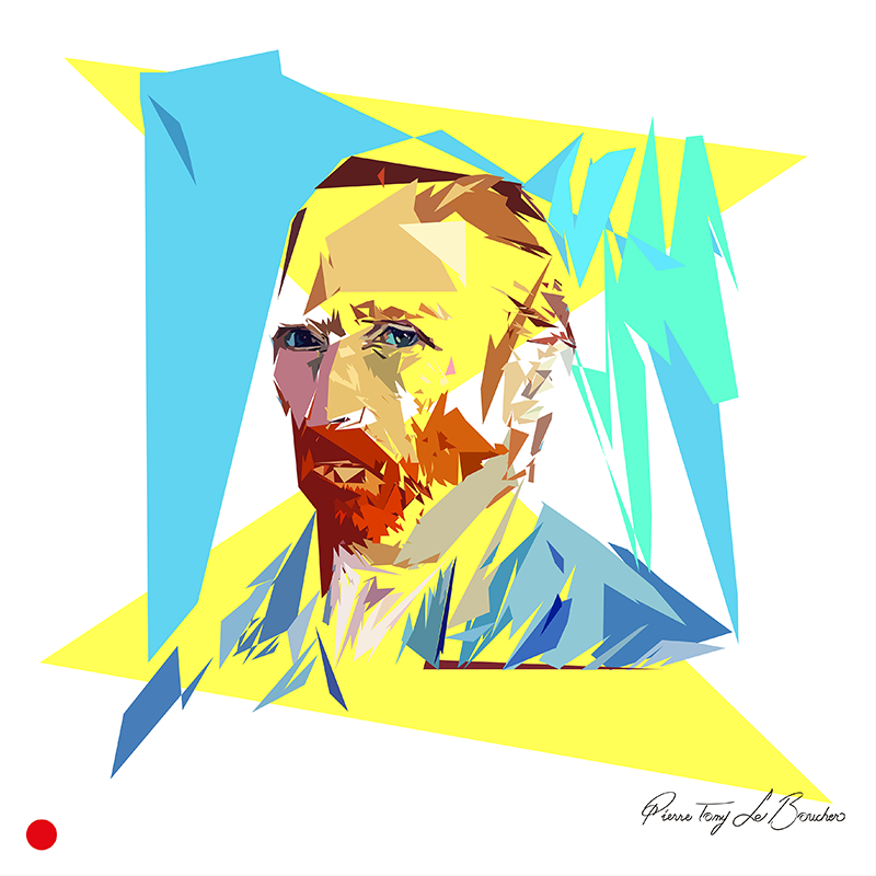 Réinterprétation d’un autoportrait de Vincent van Gogh réalisé à Saint-Rémy en 1889, visage barbu reconstruit en droites, pointes et plans géométriques jaunes, bleus, turquoise, bruns et rouges, œuvre de Pierre Tomy Le Boucher.