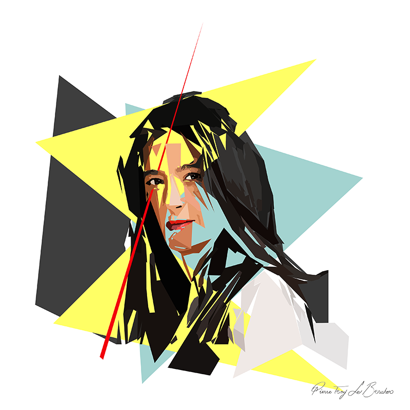 Portrait de Vanessa Schneider de trois quarts, aux longs cheveux sombres, composé de facettes ocre, pêche, jaunes et turquoise pâle, avec une épaule claire, de grandes formes grises et un long triangle rouge oblique sur fond blanc.