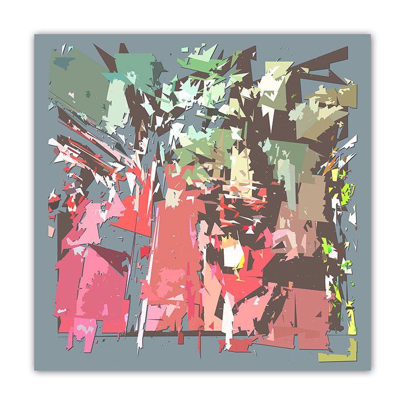 Composition presque non figurative issue d’une voûte de l’église de Saint-Julien-l’Ars, fragmentée en formes roses, vertes, brunes et grises, œuvre Comma de Pierre Tomy Le Boucher.
