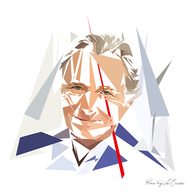 Portrait de William Leymergie construit en facettes colorées sur fond blanc, entouré de formes géométriques blanches, grises, bleutées et bleu foncé.