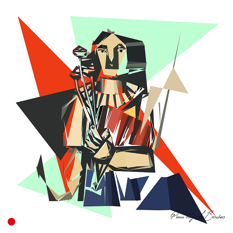 Réinterprétation de Femme avec un livre de Fernand Léger de 1923, figure féminine tenant un livre reconstruite en droites, triangles et plans géométriques rouges, noirs, verts, bleus et beiges, œuvre de Pierre Tomy Le Boucher.