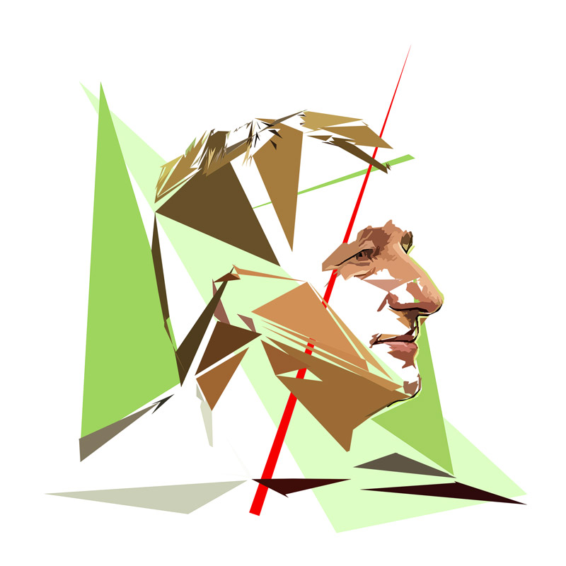 Œuvre numérique intitulée Yannick Jadot composée de formes polygonales, d’aplats verts, bruns, beige et blancs, traversée par plusieurs lignes rouges.