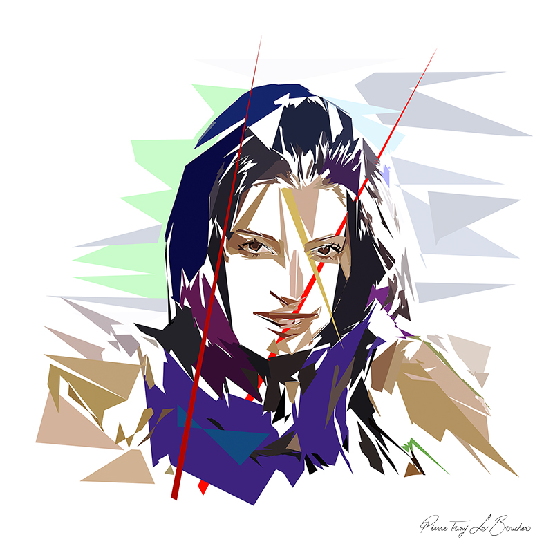 Portrait de Yuma, maîtresse de Prométhée, femme brune au regard direct composée de formes polygonales violettes, noires, beiges, blanches et vertes traversées de lignes rouges.
