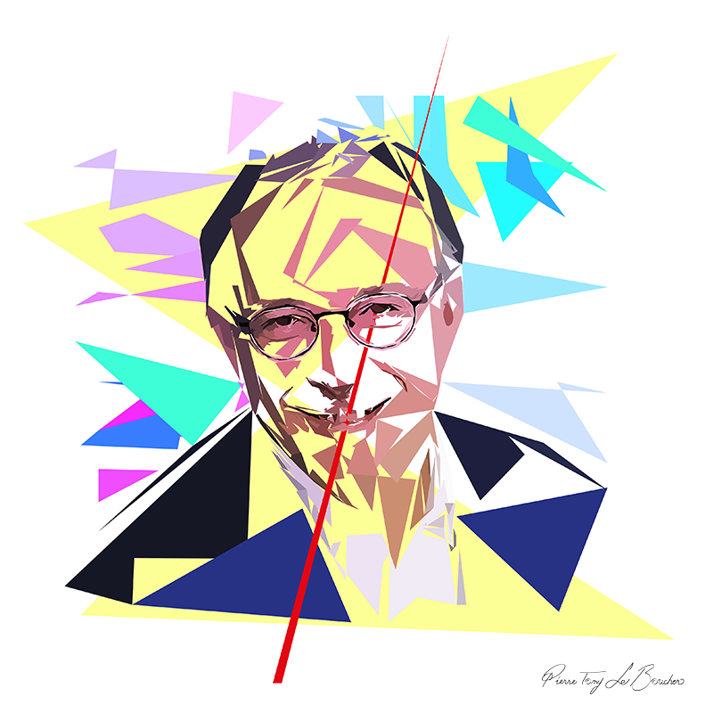 Portrait souriant d’Yves Thréard portant des lunettes arrondies, composé de facettes jaunes, roses et brunes, entouré de triangles turquoise, bleus et mauves, avec une veste bleu sombre et un long triangle rouge oblique sur fond blanc.