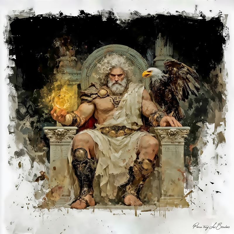Zeus – divinité grecque personnifiée roi des dieux, assis sur son trône avec aigle et symbole de foudre, incarnation de la puissance céleste dans la mythologie grecque.