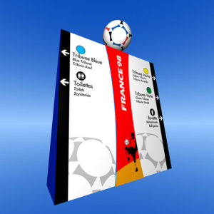 Signalétique coupe du monde de football 1998 sous forme de totem pour indiquer l'emplacement des tribunes - Illustration 3D réalisée dans le cadre d'une communication marketing