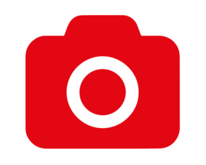 Pictogrammes en rouge et blanc d'un appareil photographique qui propose de témoigner du savoir-faire de l'entreprise grâce à des reportages photographiques ou des vidéogrammes comme carte de visite de l'entreprise