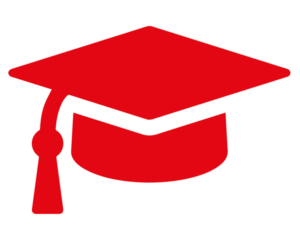 Pictogrammes rouges sur fond blanc d'une coiffe d'étudiants au moment de la remise des diplômes et illustrant la rubrique formation