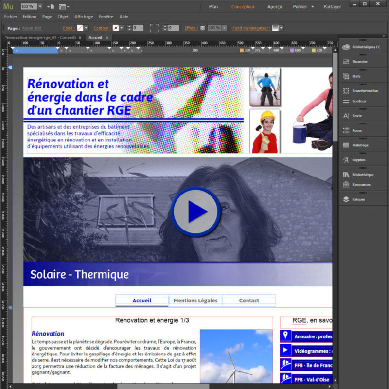 Front office de l'Interface de Adobe Muse