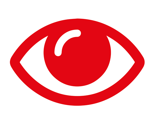 Pictogrammes d'un œil rouge sur fond blanc correspondant à l'identité graphique de l'entreprise