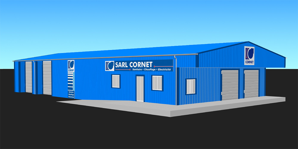 Présentation de face - Pré-configuration de la signalétique du bâtiment de l'entreprise SARL Cornet à Fleuré image-01