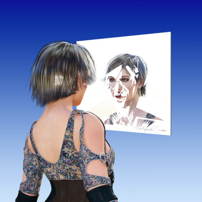 une femme en image de synthèse 3d devant un miroir mettant en évidence l'éloge de l'approximation