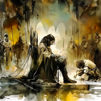 Peinture numérique sur toile illustrant la parabole du serviteur impitoyable, montrant un maître pardonnant une grande dette à son serviteur, qui refuse ensuite de pardonner une petite dette à un autre.