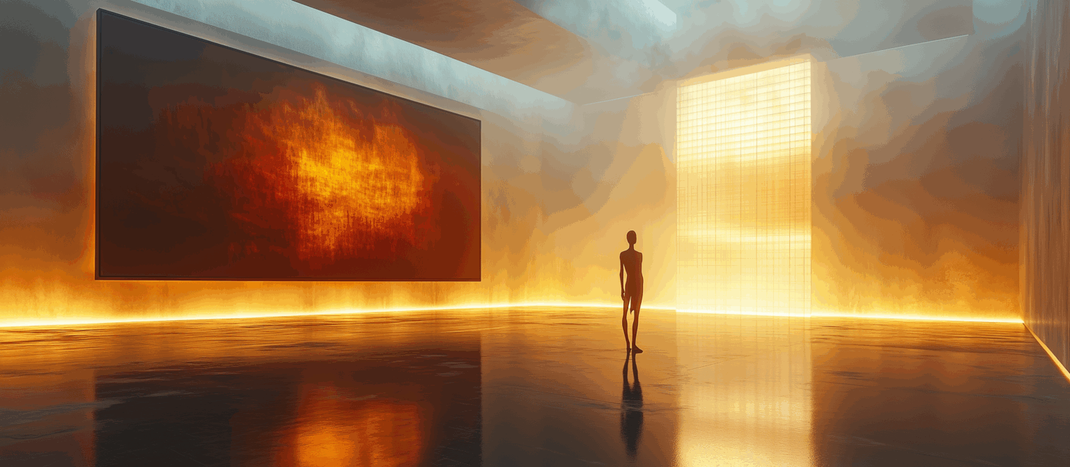 Galerie d’art minimaliste illuminée, figure humaine solitaire face à une œuvre abstraite rouge et un mur lumineux doré, évoquant le silence dans les arts plastiques