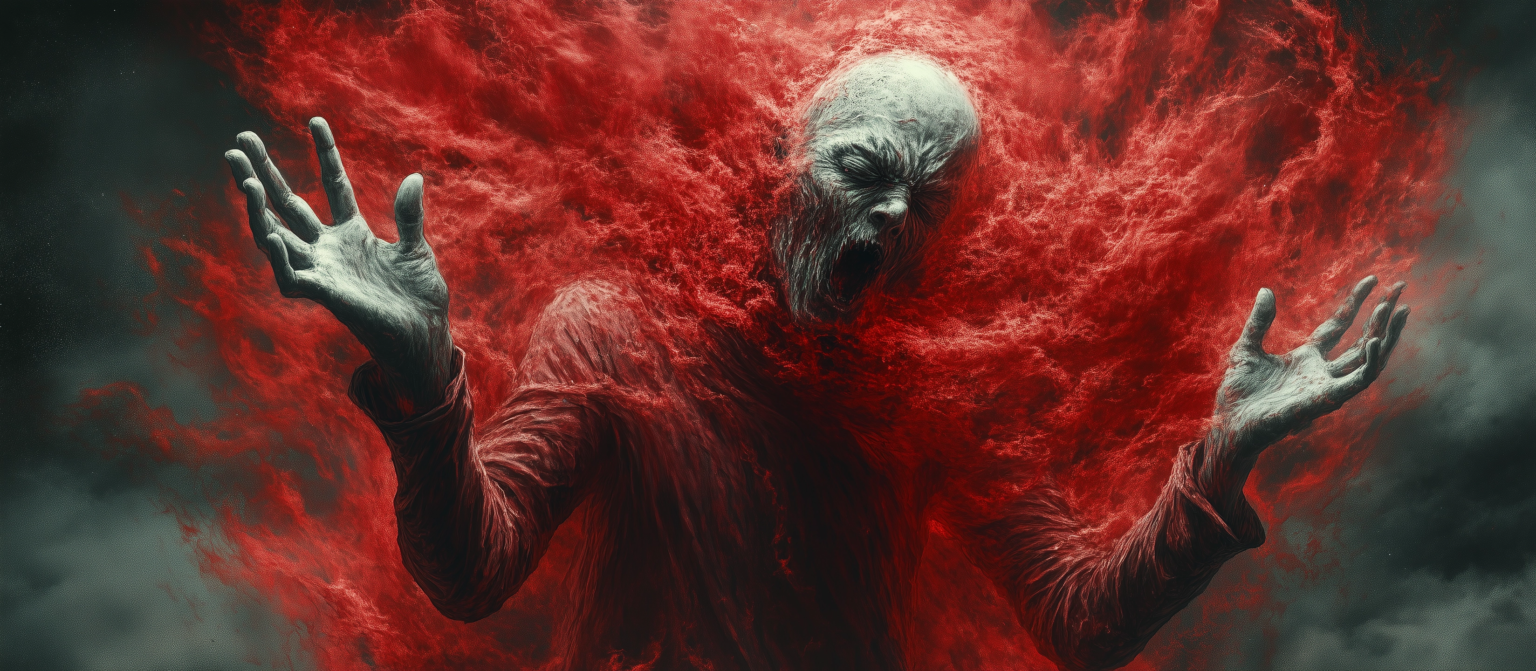 Figure spectrale hurlante aux bras tendus, émergeant d’un nuage rouge intense, sur fond sombre et tourmenté.