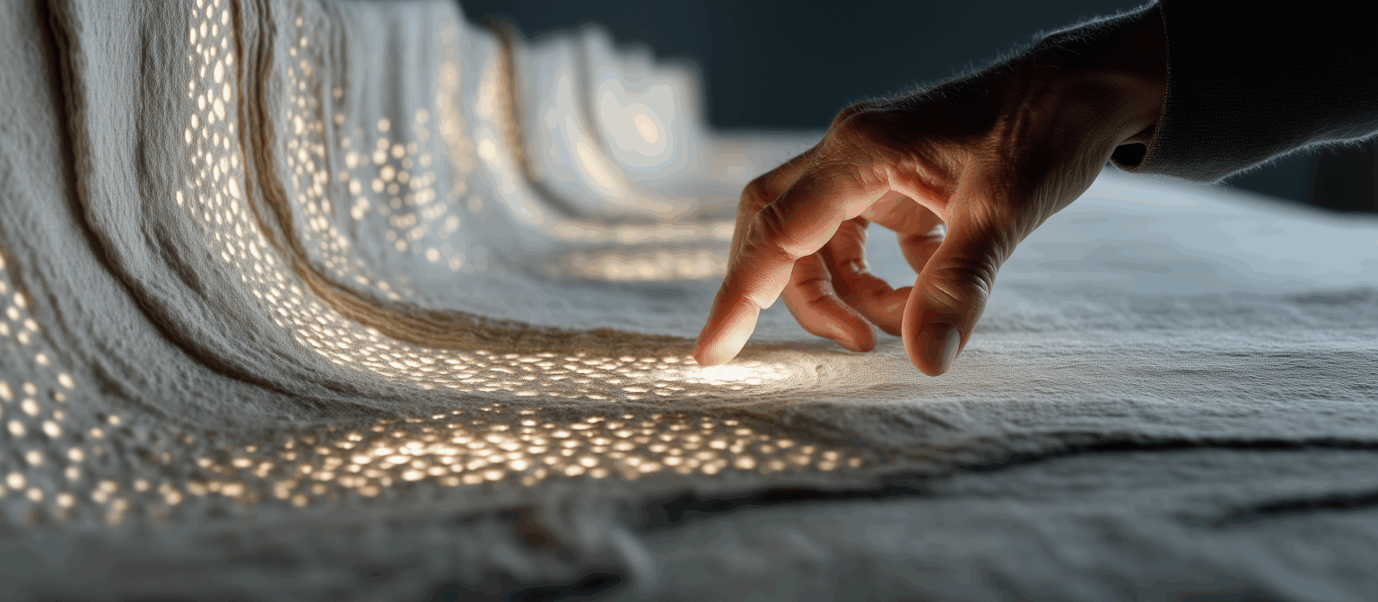 Main humaine explorant une œuvre textile en relief inspirée du braille, éclairée par une lumière douce.