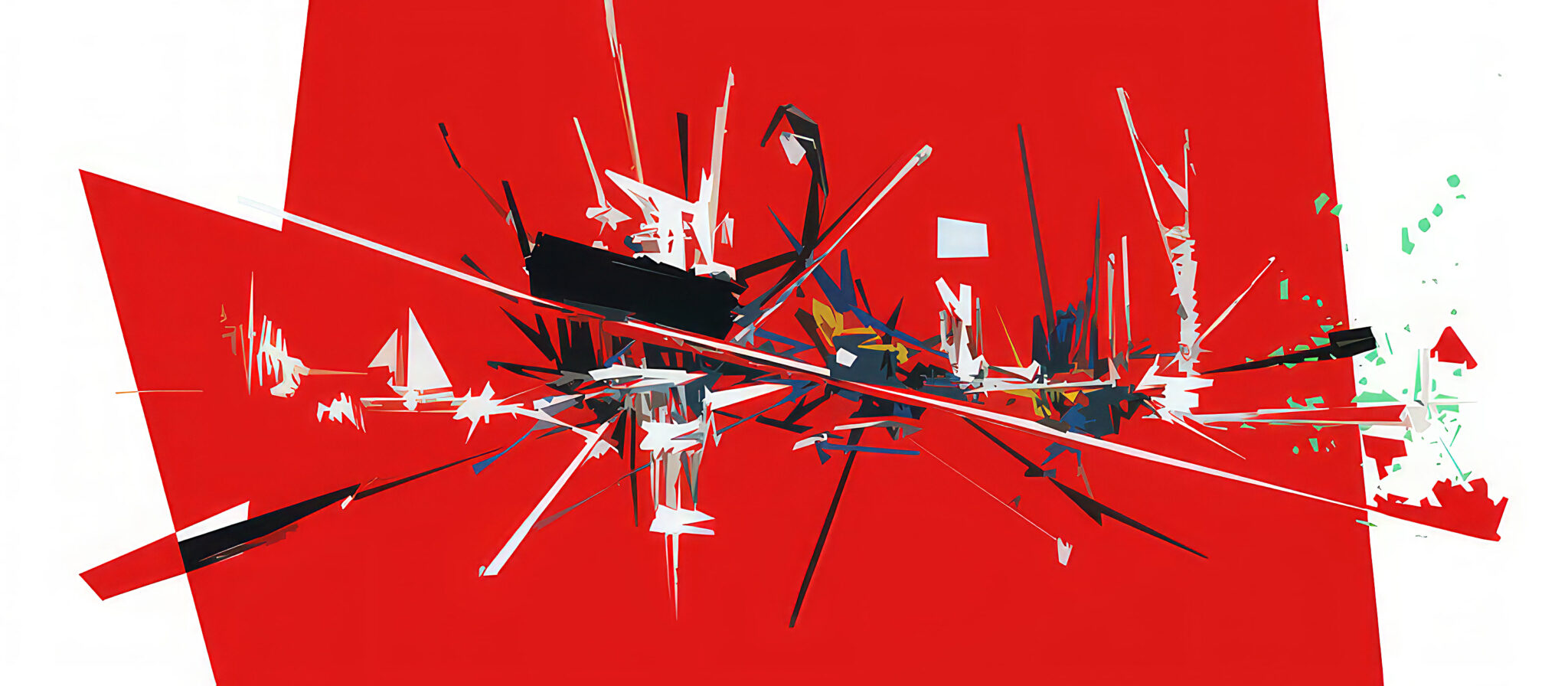 Composition abstraite rouge évoquant Georges Mathieu, avec des traits noirs, blancs et colorés jaillissant au centre d’un fond rouge intense.