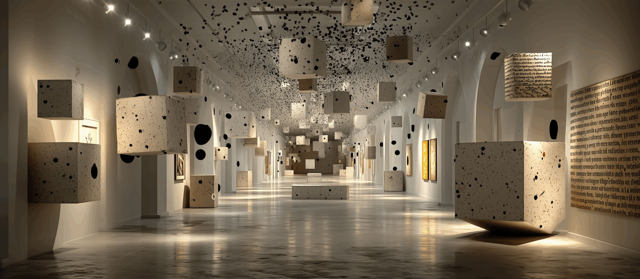 Installation artistique contemporaine évoquant la ponctuation dans une galerie, avec des cubes suspendus marqués de points noirs, inspirée du lien entre grammaire et arts plastiques.