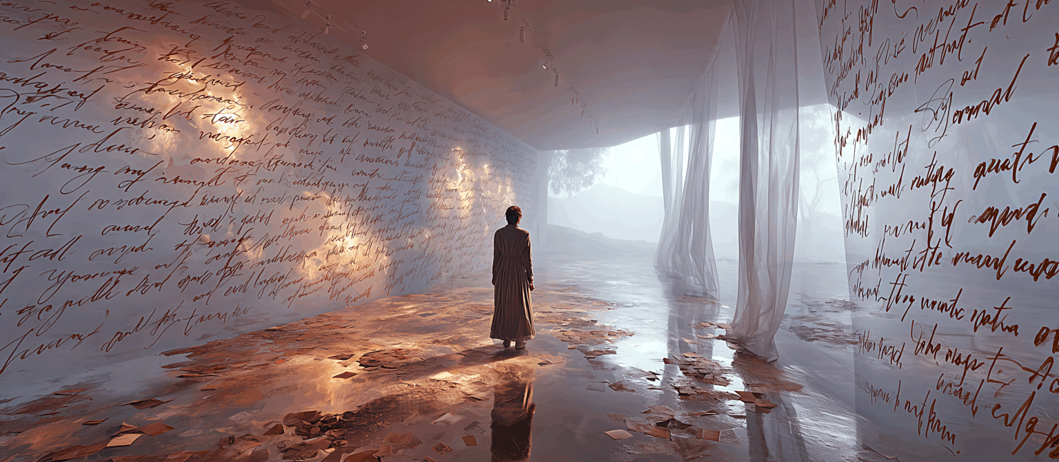 Personne contemplant une installation artistique immersive dans une salle baignée de lumière, avec des murs couverts d’écriture manuscrite et un sol jonché de papiers.
