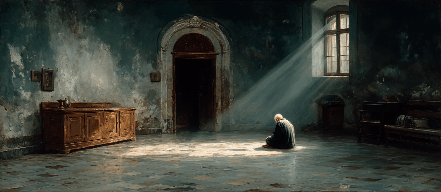 Vieil homme assis seul au sol dans une pièce ancienne éclairée par un rayon de lumière, évoquant la méditation et la solitude spirituelle.