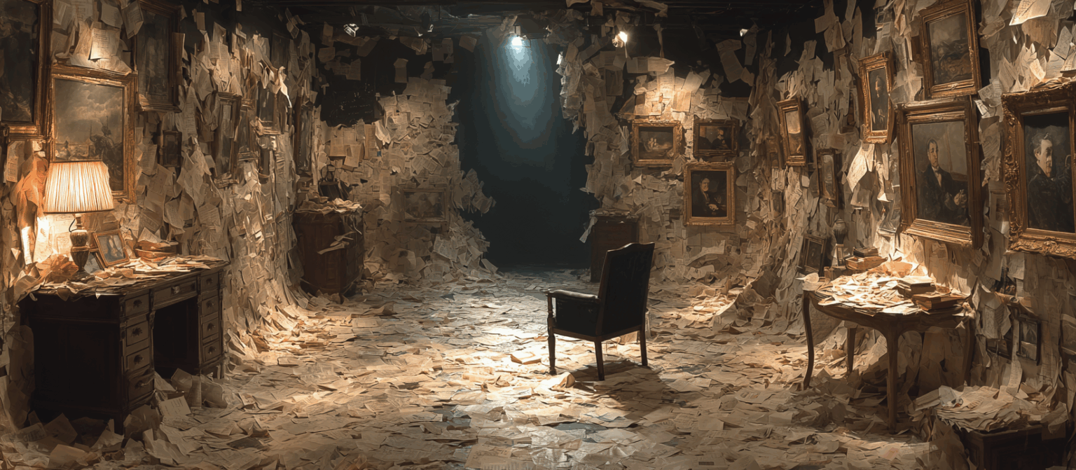 Salle ancienne tapissée de feuilles volantes, portraits classiques encadrés accrochés aux murs, lumière tamisée et chaise vide au centre.