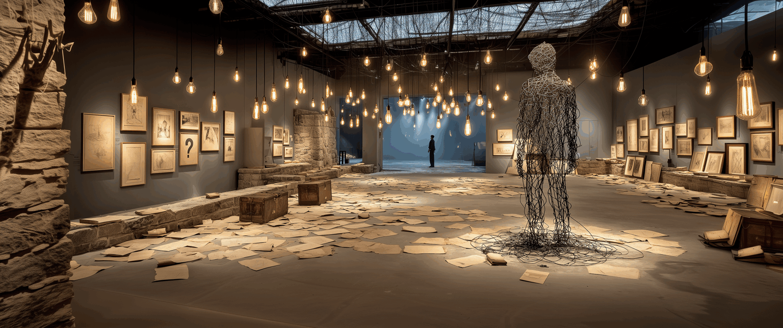 Installation artistique contemporaine représentant une silhouette humaine en fil de fer, entourée de feuilles éparses et de croquis encadrés dans une galerie sombre, illustrant le thème du doute dans les arts plastiques.