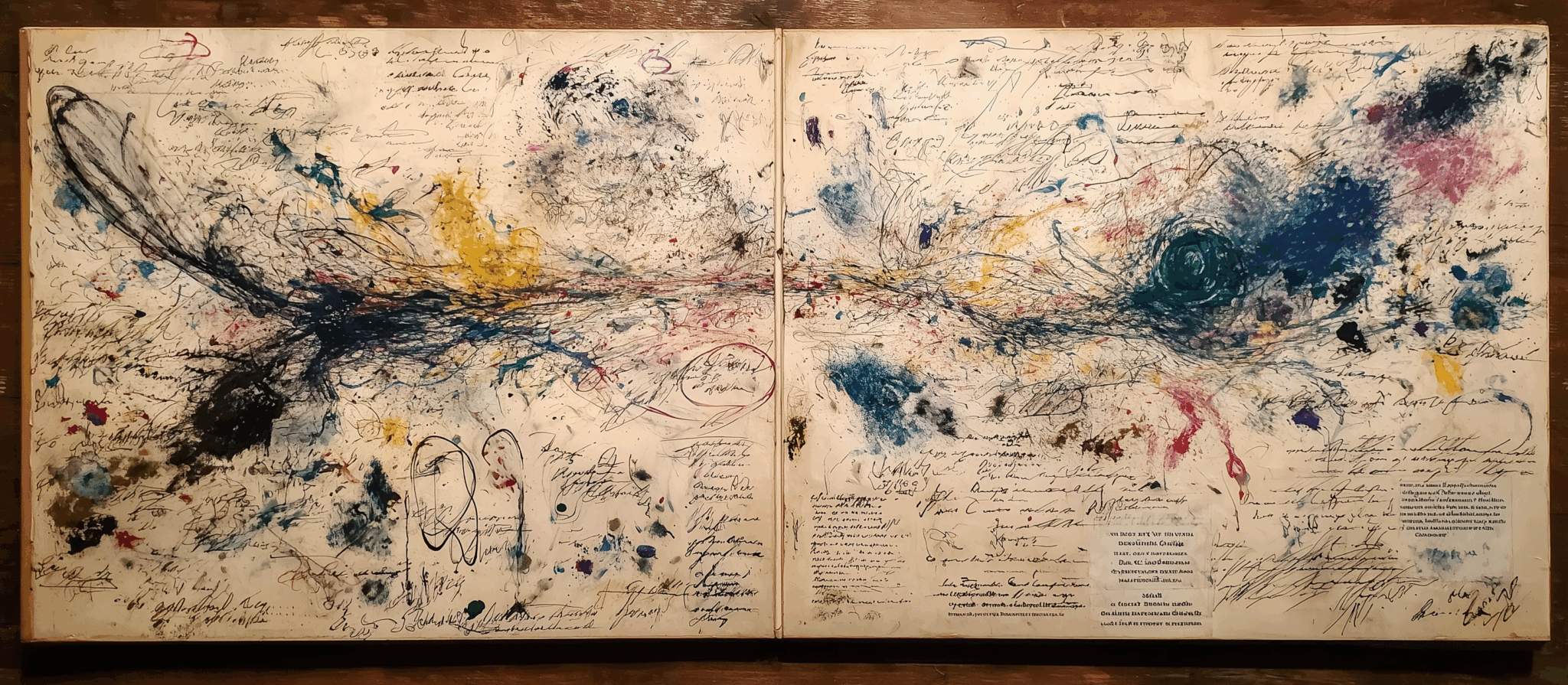 Double page artistique mêlant gribouillis d’enfants, traces de stylo et éclats de couleurs abstraites, dans une composition évoquant le chaos créatif et la naissance du geste plastique.