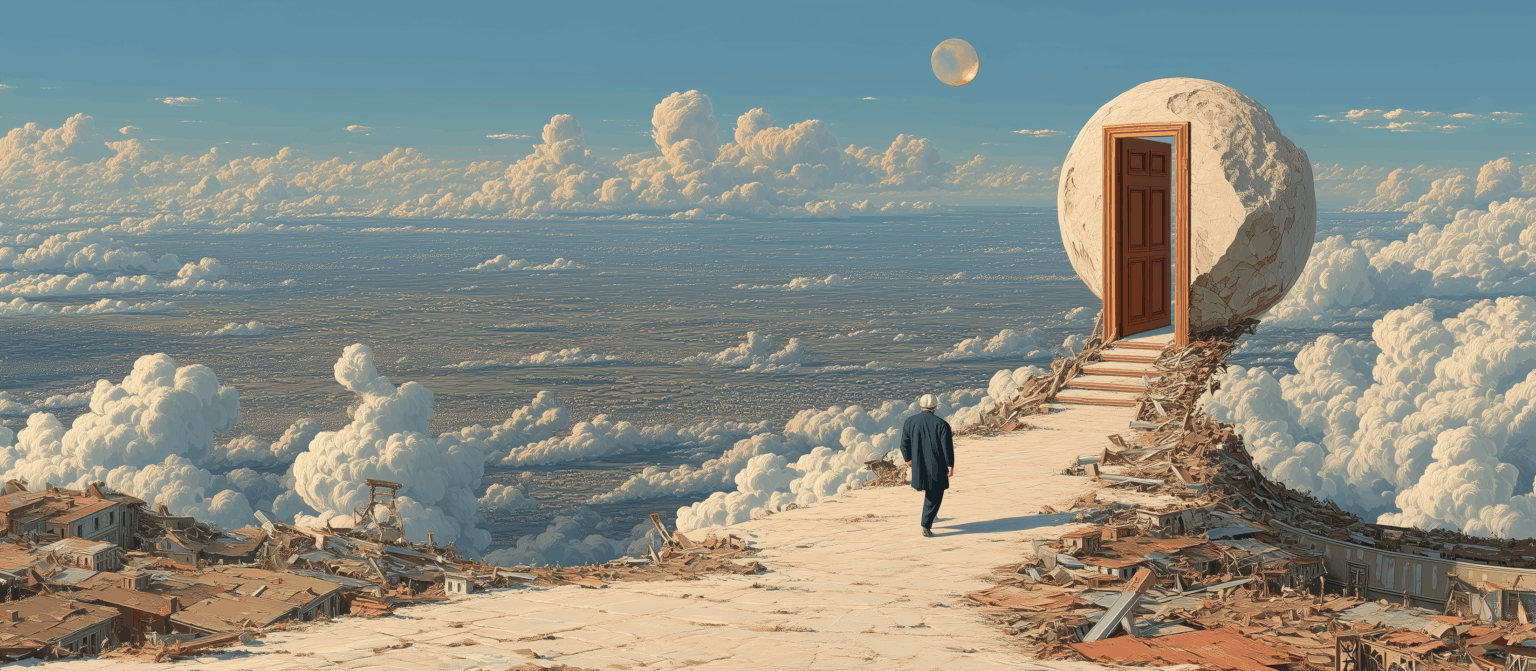 Homme seul avançant vers une porte enchâssée dans une sphère monumentale, suspendue au-dessus d’un océan de nuages dans un paysage surréaliste et absurde.