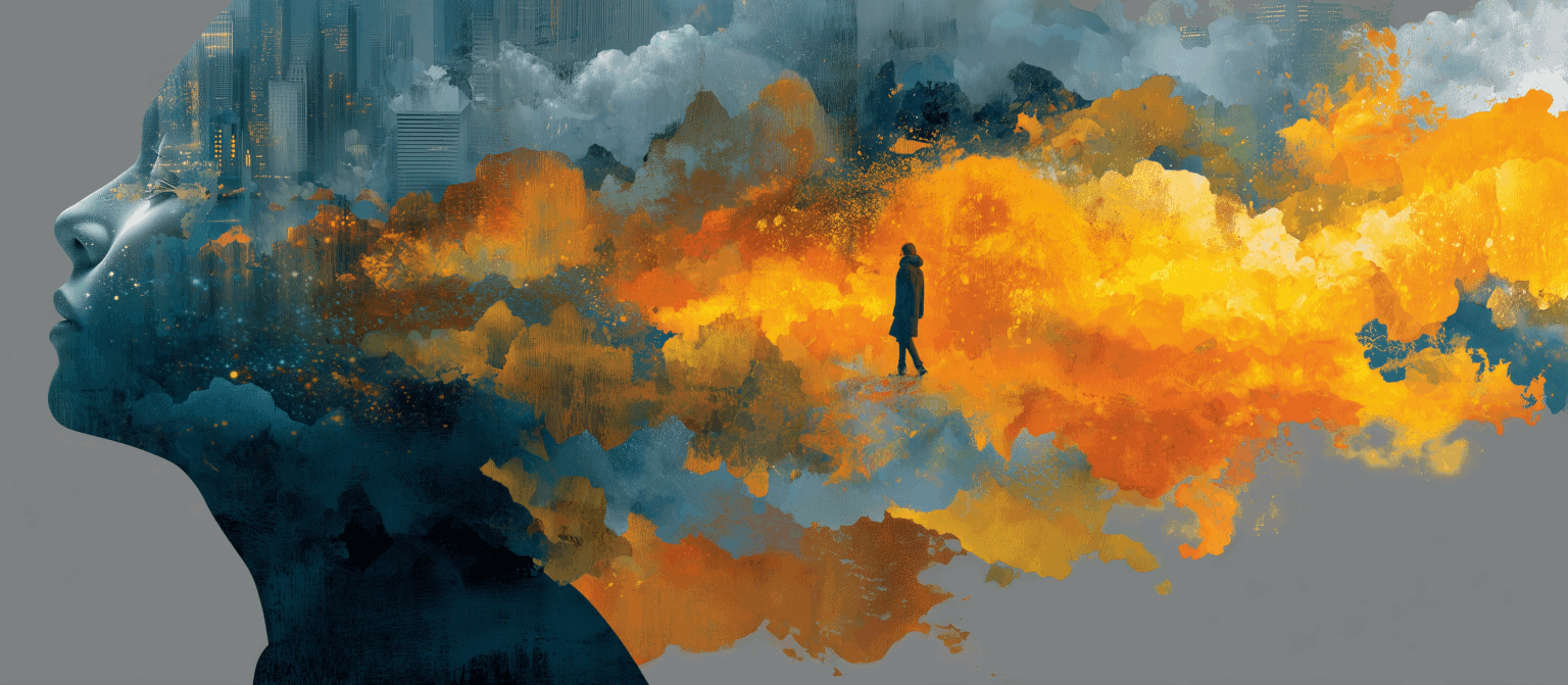 Silhouette de visage humain se dissolvant dans des nuages colorés orange et bleus, avec une figure solitaire marchant à l’intérieur, symbolisant l’inconscient et l’imaginaire artistique.