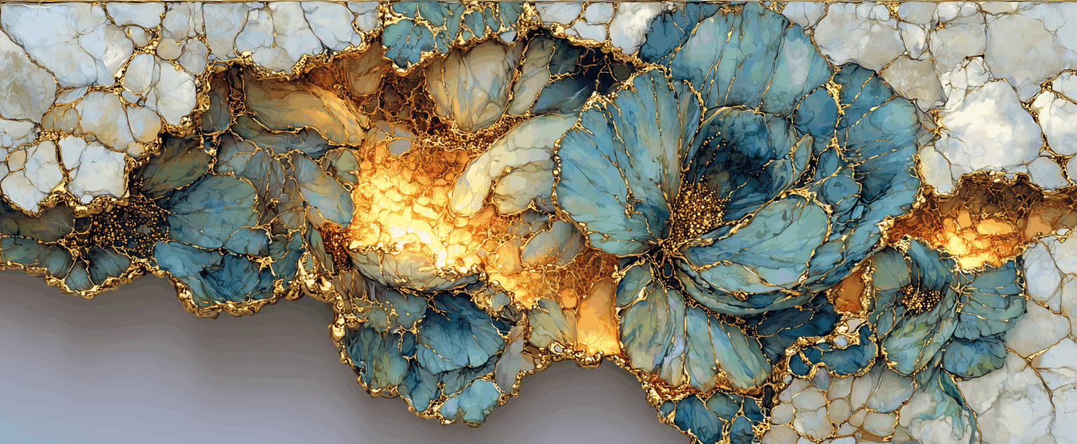Fleur bleue fracturée et sublimée par des veines dorées lumineuses, style kintsugi, art contemporain explorant l’erreur créative et la beauté de l’imprévu.