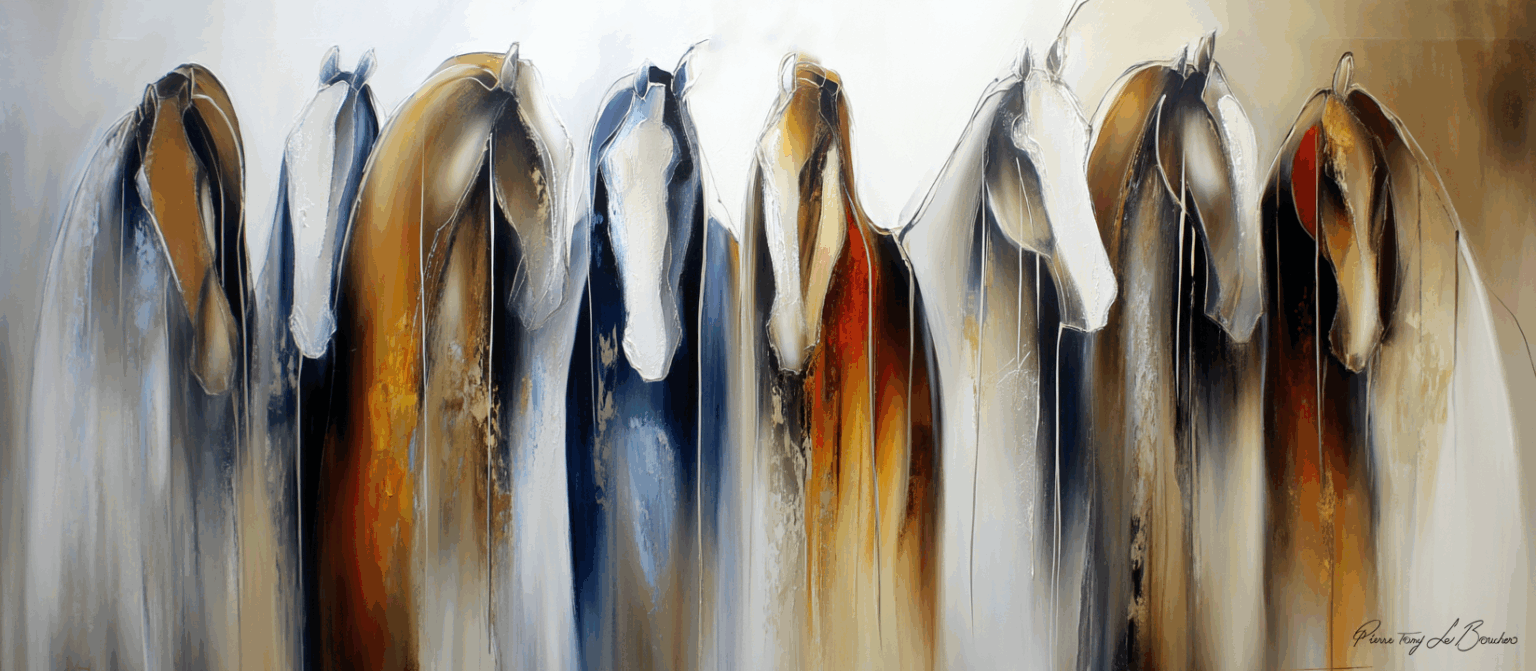 Peinture contemporaine de chevaux abstraits aux formes hiératiques et spectrales, réalisée au couteau, mêlant couleurs chaudes et froides dans une atmosphère mystérieuse.