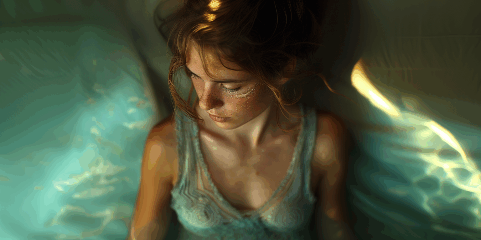 Portrait artistique d’une femme pensive baignée dans une lumière dorée et aquatique. Son visage et sa peau reflètent la fusion entre pensée et matière, métaphore visuelle du regard créateur.