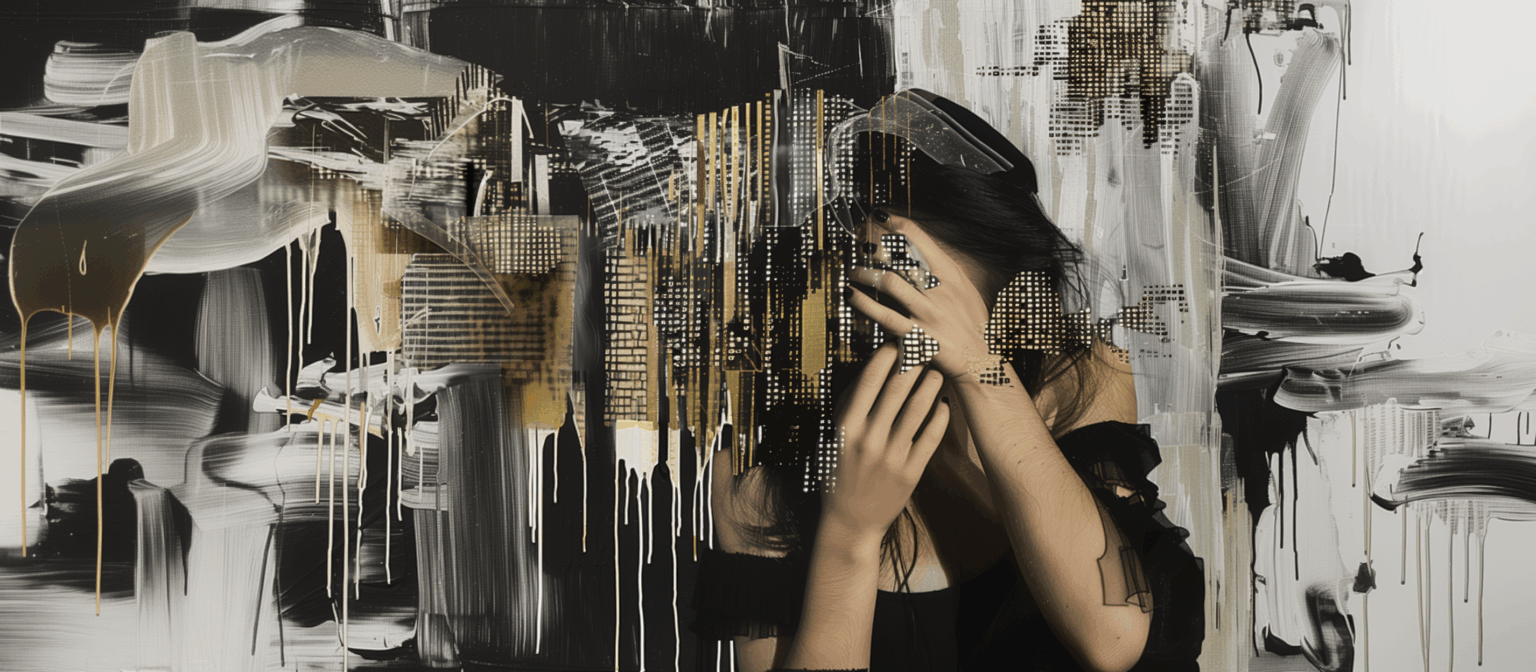 Femme partiellement recouverte de motifs numériques dorés et de coulures de peinture, symbolisant la fusion entre les données et la matière picturale.