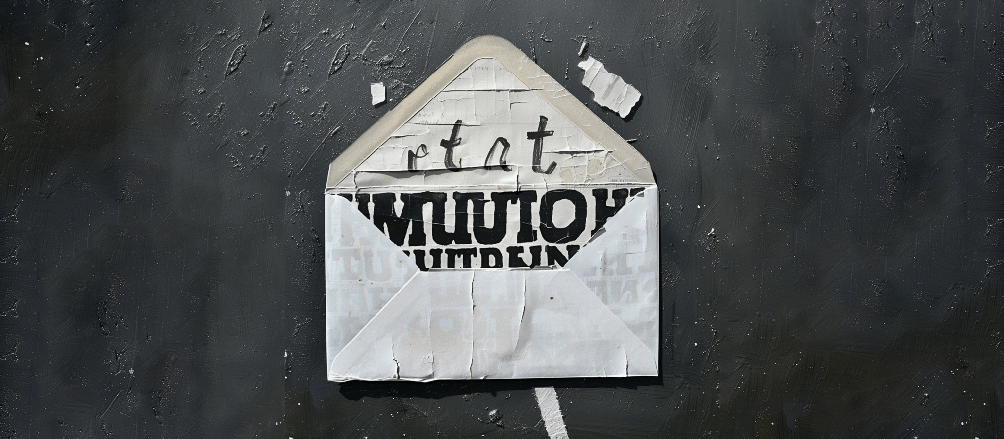 Lettre anonyme réalisée à partir de lettres découpées dans des journaux, collée sur une enveloppe usée, évoquant le mystère et la menace latente d’un message clandestin.