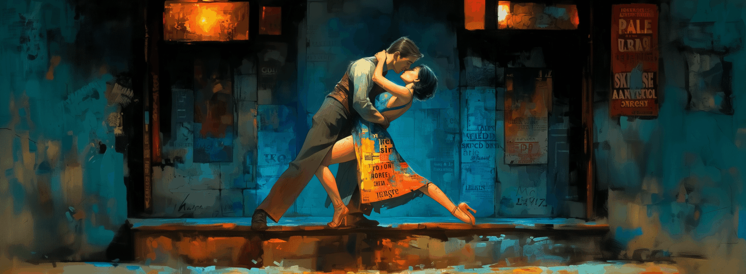 Un homme incarnant l’art et une femme incarnant la publicité dansent un tango passionné, dans un décor urbain aux couleurs vives, entre affiches et murs peints