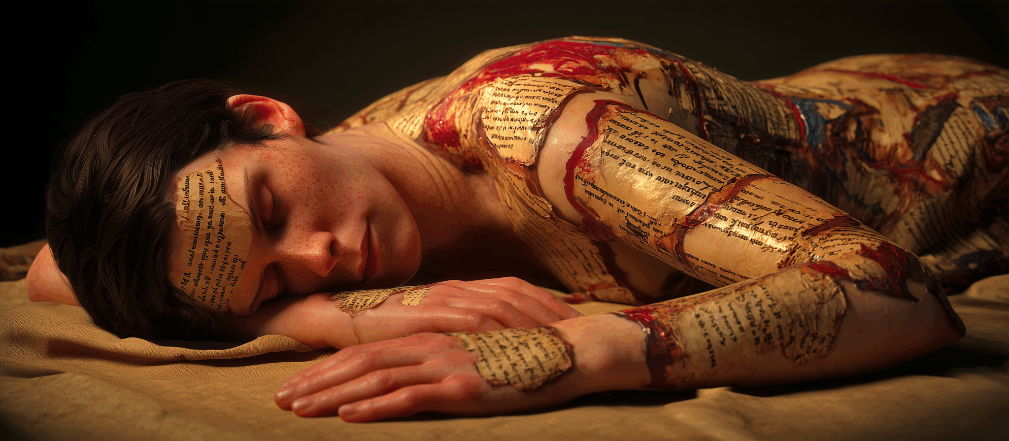 Une femme immobile, la peau marquée d’écritures, entre encre et peinture, dans une atmosphère de procès-verbal métaphorique où l’art et le témoignage se confondent.