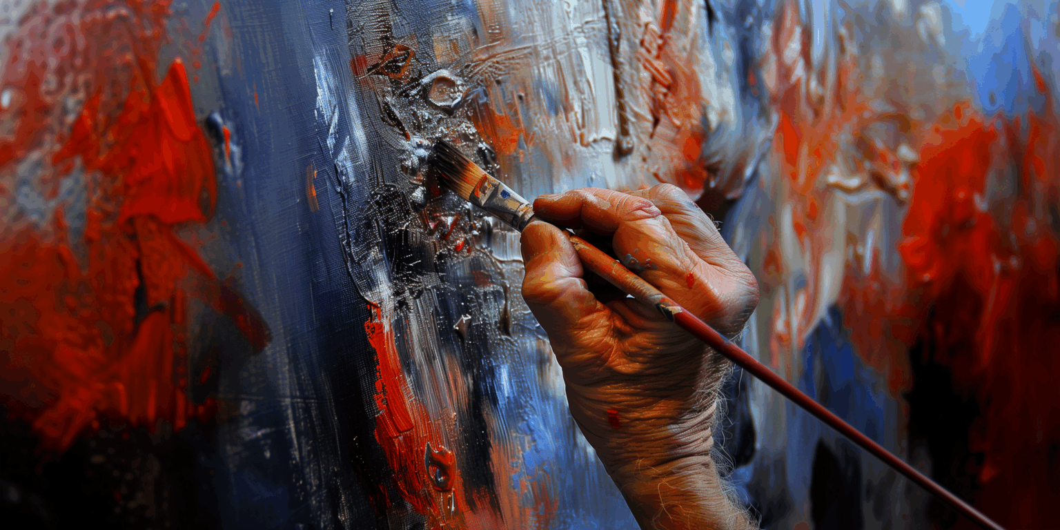 Main d’un artiste en train d’appliquer de la peinture épaisse sur une toile, geste expressif et matière visible.