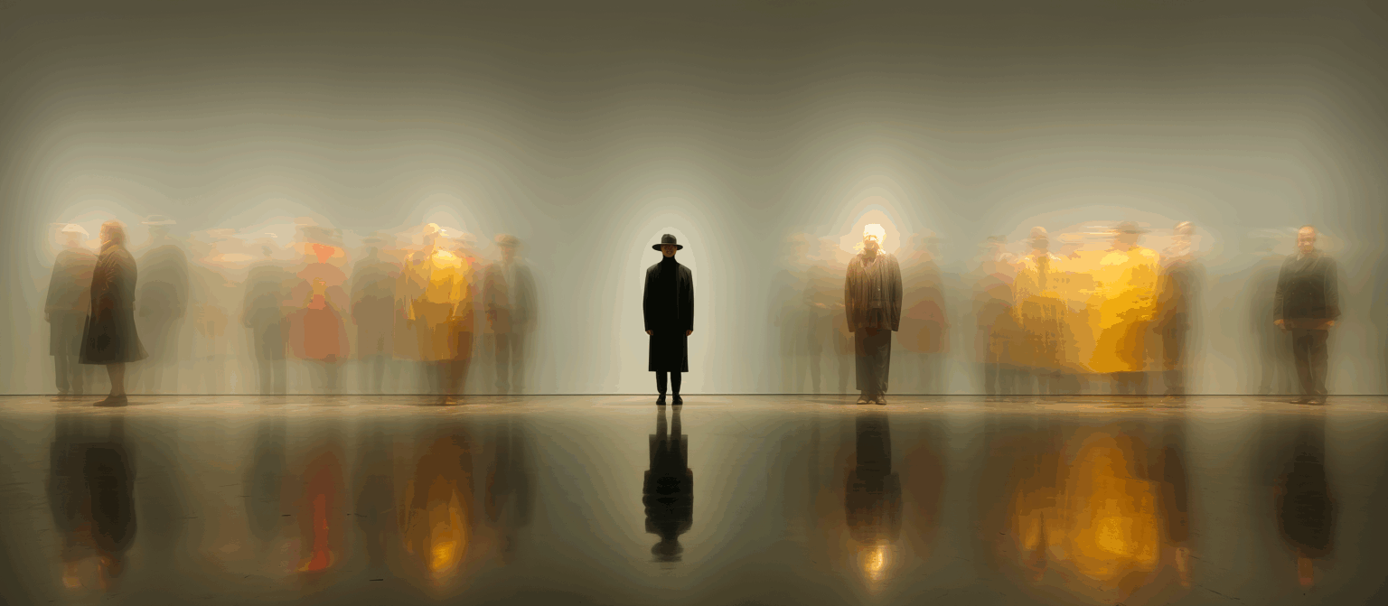 Personnages immobiles entourés de silhouettes floues dans un musée, illustrant la sensation de déjà-vu et la perception troublée du temps.