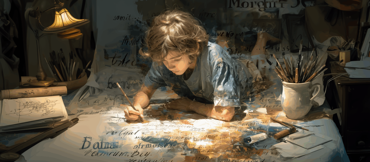 Un enfant penché sur sa feuille trace des formes et des mots dans une atmosphère douce et lumineuse, symbole de la créativité et du lien entre parole et expression plastique.