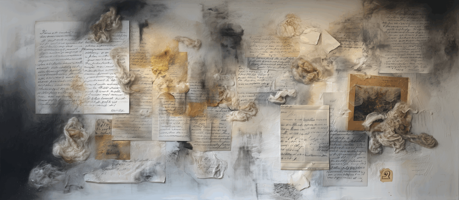 Composition artistique mêlant archives manuscrites, photographies anciennes et matières organiques, illustrant l’idée de l’archive comme matière vivante dans les arts plastiques.